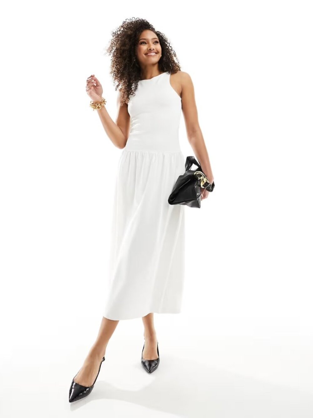 4th & Reckless dropped waist racer neck midi dress in white cream